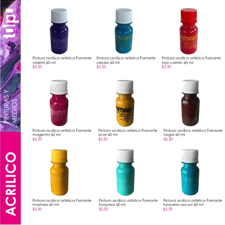 Página 36 del catálogo; incluye Pintura acrílica artística Famarte violeta 60 ml