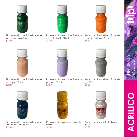 Página 37 del catálogo; incluye Pintura acrílica artística Famarte verde oscuro 60 ml
