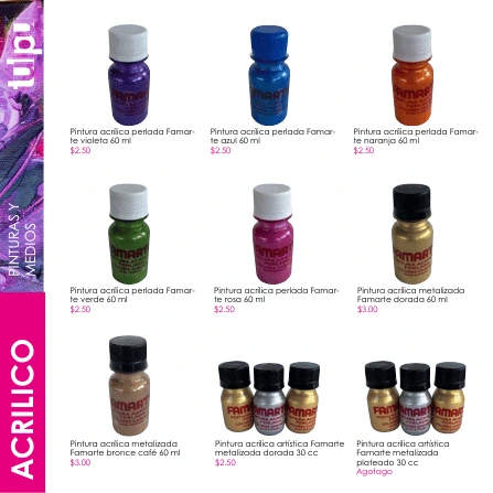Página 38 del catálogo; incluye Pintura acrílica metalizada Famarte bronce café 60 ml